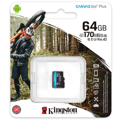 Κάρτα μνήμης microSDXC Kingston Canvas Go Plus, 64Gb, Class 10 / UHS-1 U3 SDCG3/64GBSP 