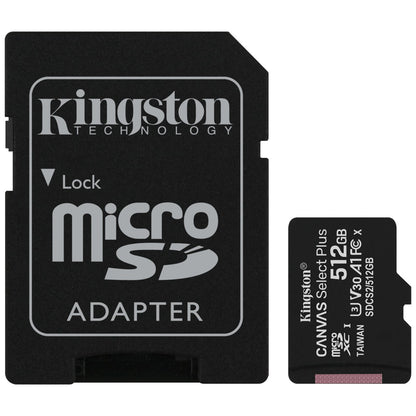 Κάρτα μνήμης Kingston Canvas Select Plus microSDXC Kingston Canvas Select Plus, 512Gb, Class 10 / UHS-1 U3, με προσαρμογέα SDCS2/512GB