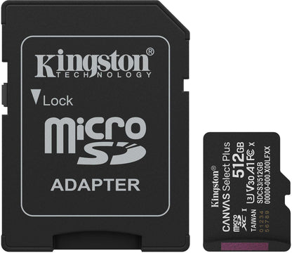 Κάρτα Μνήμης microSDXC Kingston Canvas Select Plus Android A1, 512Gb, Κλάση 10 / UHS-1 U3, Με Προσαρμογέα SDCS3/512GB