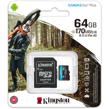 Κάρτα μνήμης Kingston Canvas Go Plus microSDXC Kingston Canvas Go Plus, 64Gb, Class 10 / UHS-1 U3, με προσαρμογέα SDCG3/64GB