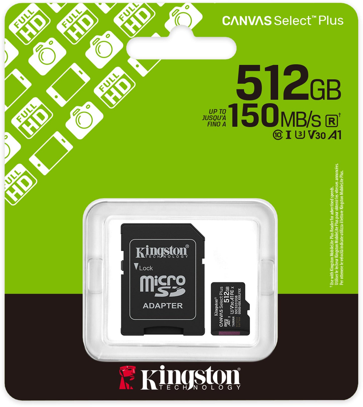 Κάρτα Μνήμης microSDXC Kingston Canvas Select Plus Android A1, 512Gb, Κλάση 10 / UHS-1 U3, Με Προσαρμογέα SDCS3/512GB