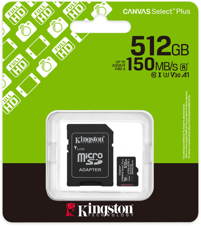 Κάρτα Μνήμης microSDXC Kingston Canvas Select Plus Android A1, 512Gb, Κλάση 10 / UHS-1 U3, Με Προσαρμογέα SDCS3/512GB