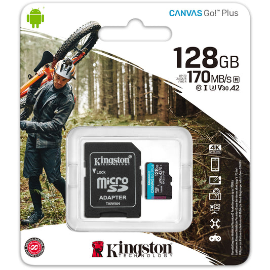 Κάρτα μνήμης microSDXC Kingston Canvas Go Plus, 128Gb, Class 10 / UHS-1 U3, με προσαρμογέα SDCG3/128GB