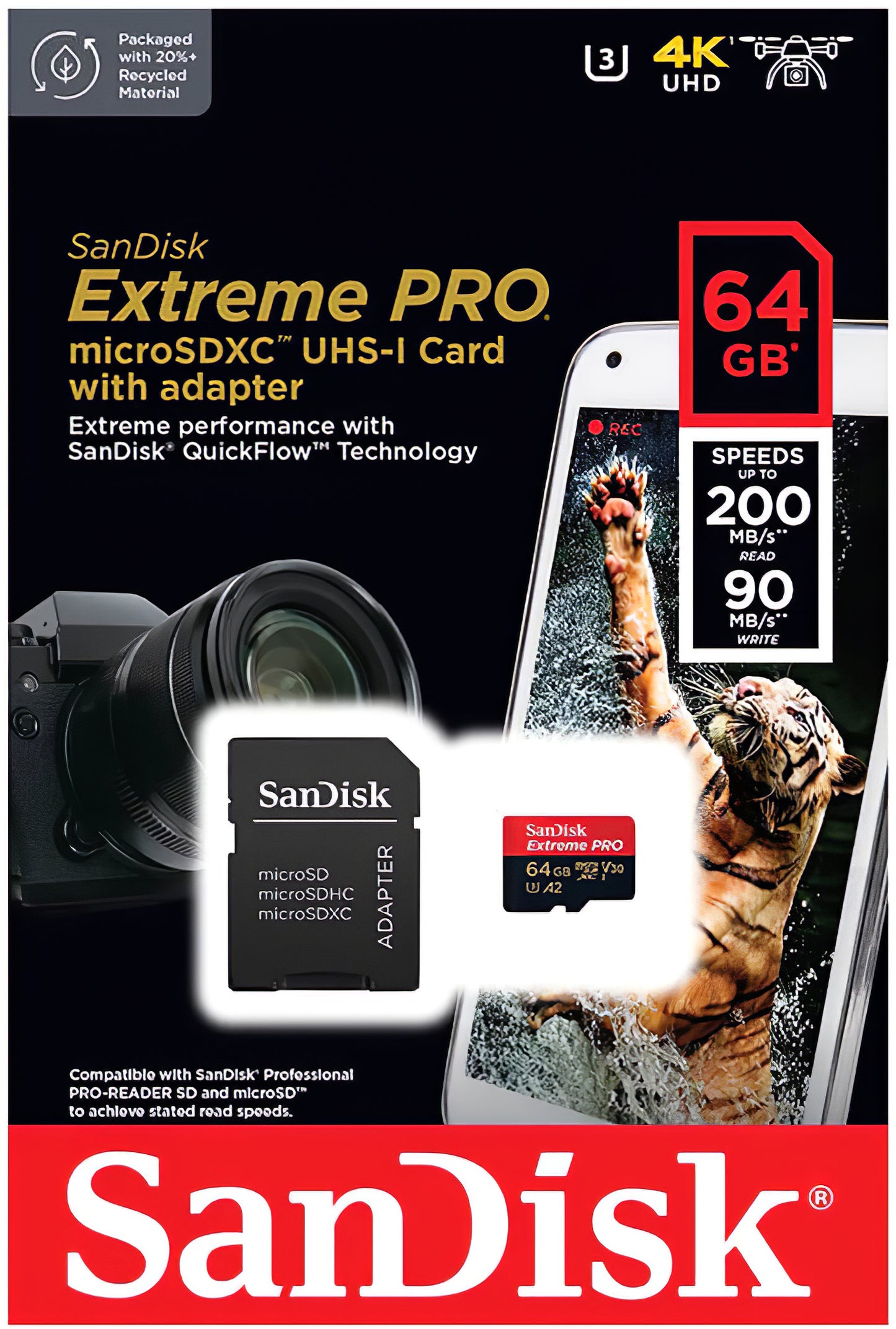 Κάρτα Μνήμης microSDXC SanDisk Extreme Pro, 64Gb, Κλάση 10 / UHS-1 U3, Με Προσαρμογέα SDSQXCU-064G-GN6MA