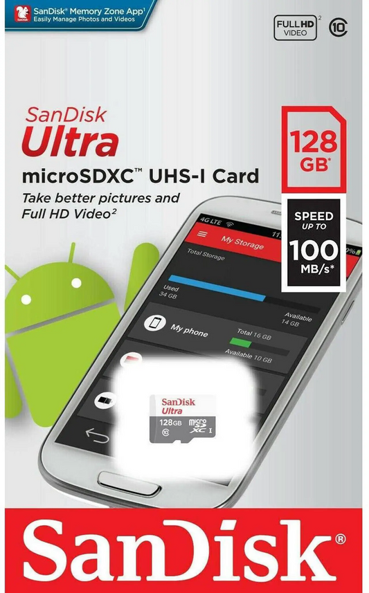 Κάρτα Μνήμης microSDXC SanDisk Ultra, 128Gb, Κλάση 10 SDSQUNR-128G-GN3MN