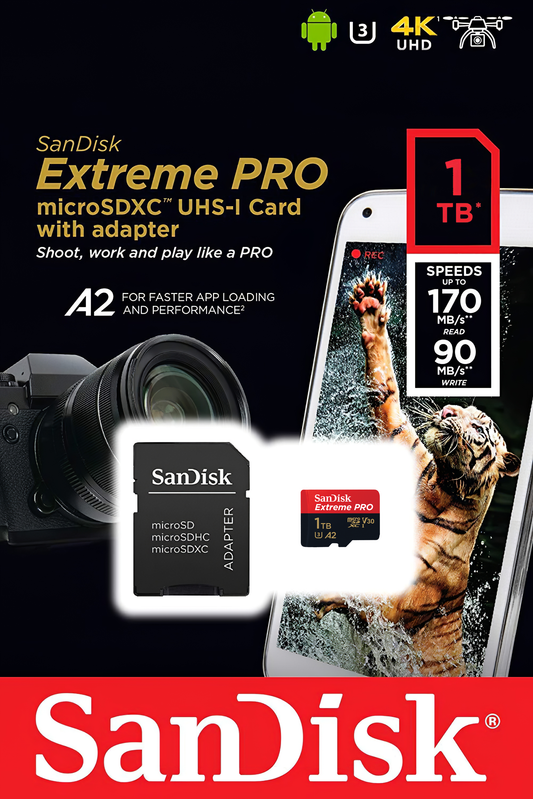 Κάρτα Μνήμης microSDXC SanDisk Extreme Pro, 1TB, Κατηγορία 10 / UHS-1 U3, Με Αντάπτορα SDSQXCD-1T00-GN6MA