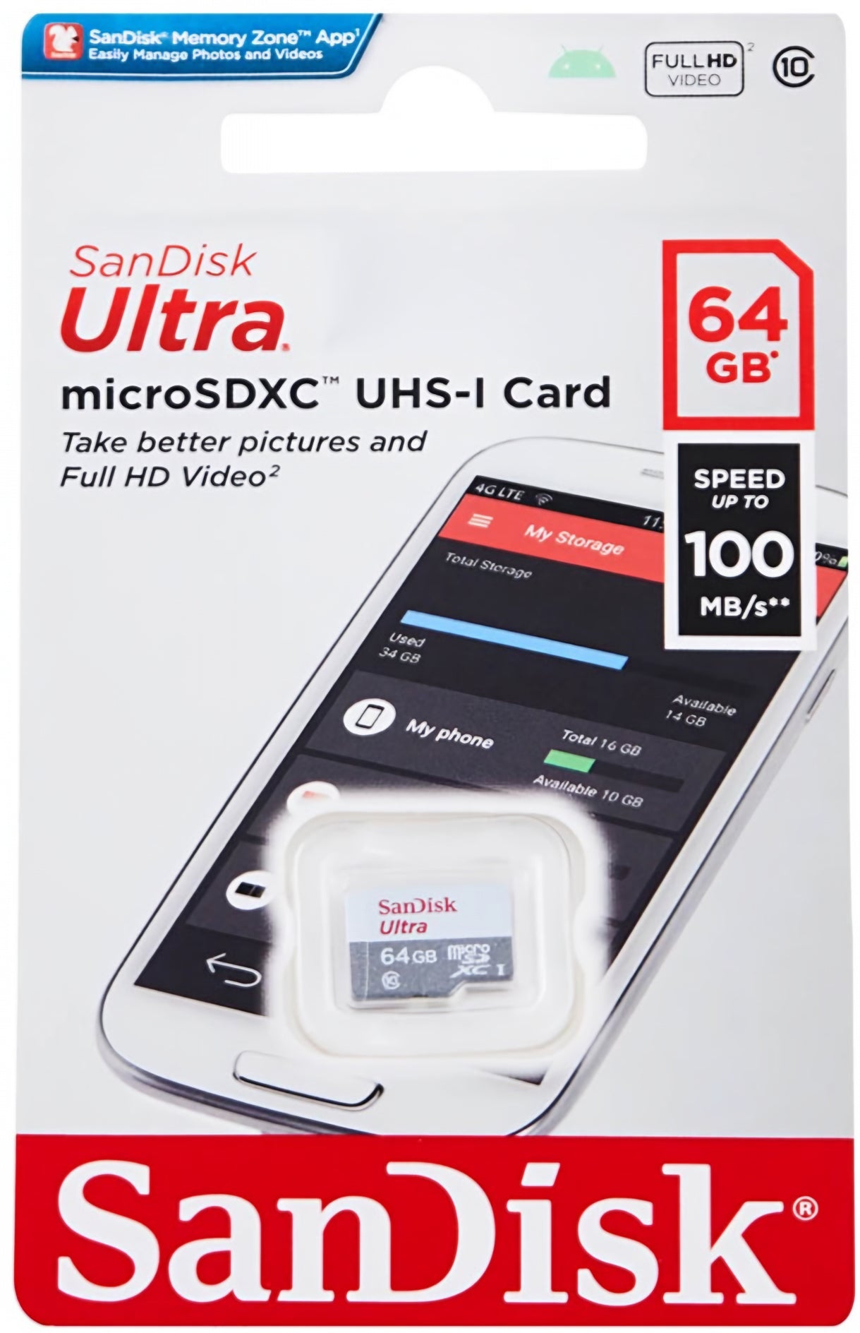 Κάρτα Μνήμης microSDXC SanDisk Ultra, 64Gb, Κλάση 10 SDSQUNR-064G-GN3MN