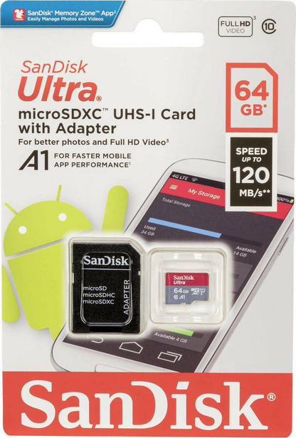 Κάρτα Μνήμης microSDXC SanDisk Ultra Android A1, 64Gb, Κλάση 10 / UHS-1 U1, Με Προσαρμογέα SDSQUAB-064G-GN6MA