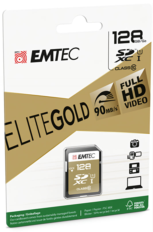 Κάρτα Μνήμης SDXC Emtec Elite Gold, 128Gb, Κλάση 10 / UHS-1 U1 ECMSD128GXC10GP