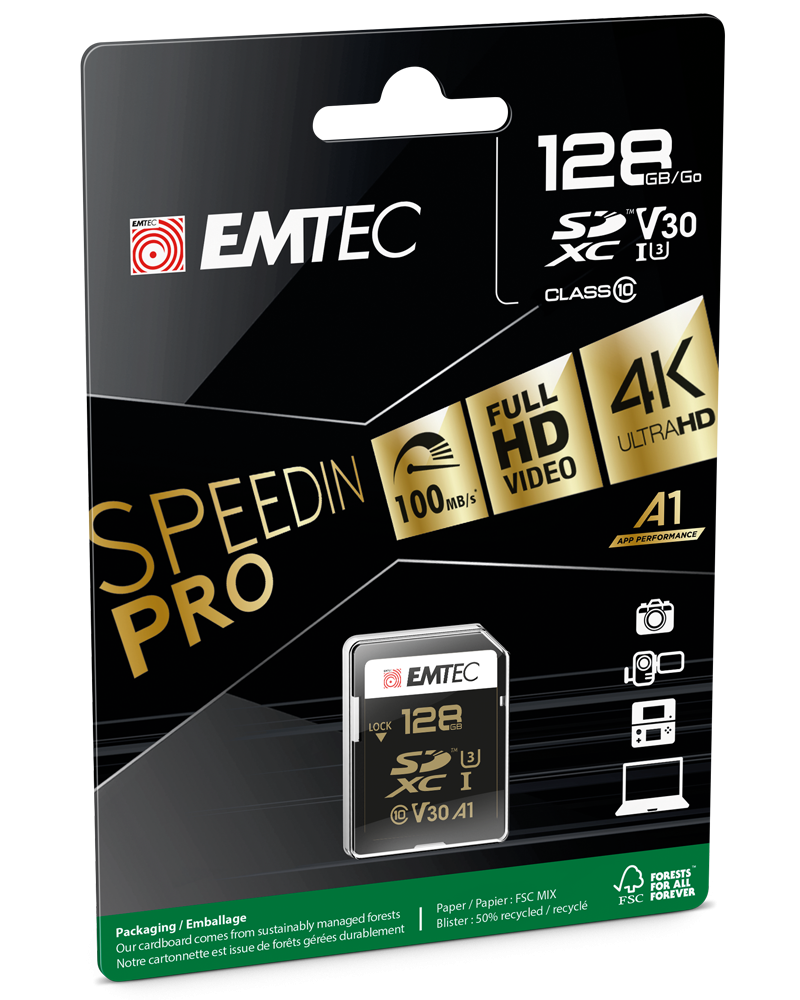 Κάρτα Μνήμης SDXC Emtec SpeedIn Pro, 128Gb, Κλάση 10 / UHS-1 U3 ECMSD128GXC10SP