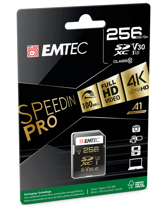 Κάρτα Μνήμης SDXC Emtec SpeedIn Pro, 256Gb, Κλάση 10 / UHS-1 U3 ECMSD256GXC10SP