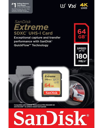 Κάρτα Μνήμης SDXC SanDisk Extreme, 64Gb, Κλάση 10 / UHS-1 U3 SDSDXV2-064G-GNCIN