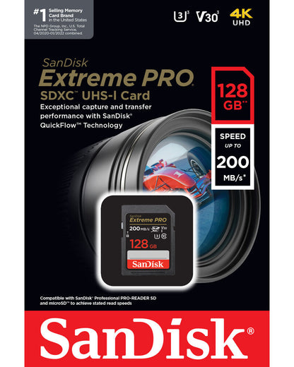 Κάρτα Μνήμης SDXC SanDisk Extreme Pro, 128Gb, Κατηγορία 10 / UHS-1 U3 SDSDXXD-128G-GN4IN