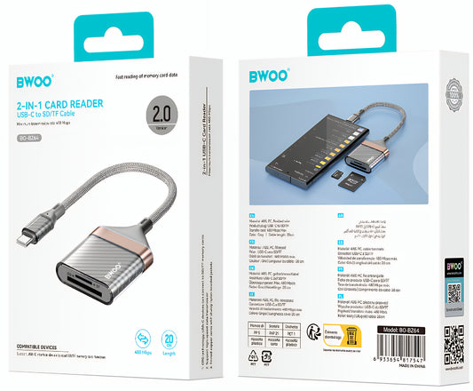 Αναγνώστης Κάρτας USB-C BWOO BZ64, SD - microSD, Γκρι