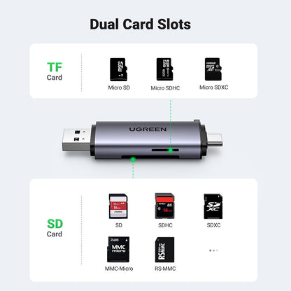 Αναγνώστης Καρτών USB / USB-C UGREEN CM185, SD - microSD, Γκρι