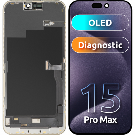 Οθόνη με Touchscreen MP συμβατή με Apple iPhone 15 Pro Max, με Πλαίσιο, Έκδοση OLED FHD Διαγνωστική, Μαύρο, Επανασφραγισμένη