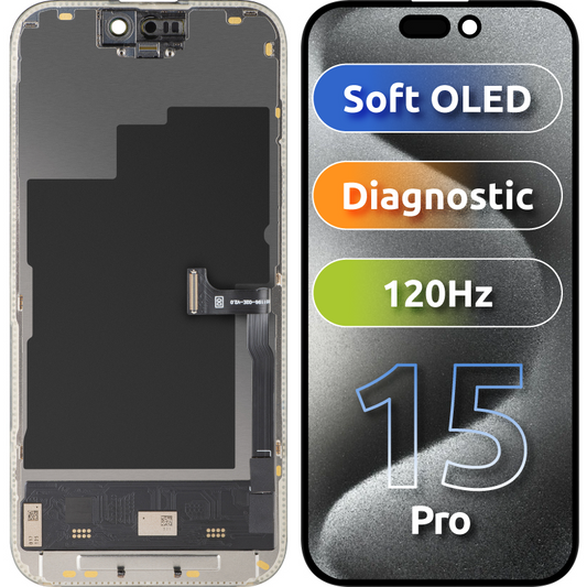 Οθόνη με Αφής MP συμβατή με Apple iPhone 15 Pro, με Πλαίσιο, Έκδοση Soft OLED FHD 120Hz Diagnostic, Μαύρη