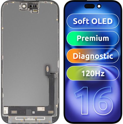 Οθόνη με Touchscreen MP συμβατή με Apple iPhone 16, με Πλαίσιο, Premium Έκδοση Soft OLED FHD 120Hz Διαγνωστική, Μαύρο