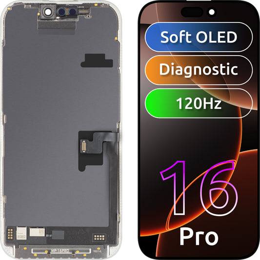 Οθόνη με Touchscreen MP συμβατή με Apple iPhone 16 Pro, με πλαίσιο, έκδοση λογισμικού OLED FHD 120Hz Διαγνωστική, Μαύρο