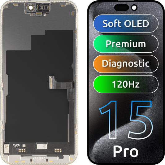 Οθόνη με Touchscreen MP συμβατή με Apple iPhone 15 Pro, με Πλαίσιο, Premium Έκδοση Soft OLED FHD 120Hz Διαγνωστική, Μαύρο