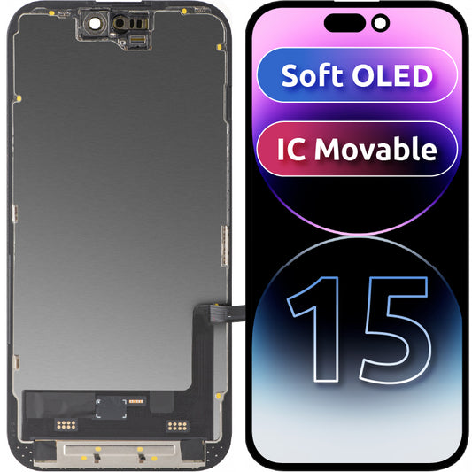 Οθόνη αφής MP συμβατή με Apple iPhone 15, με Πλαίσιο, Έκδοση Soft OLED FHD IC Movable, Μαύρη