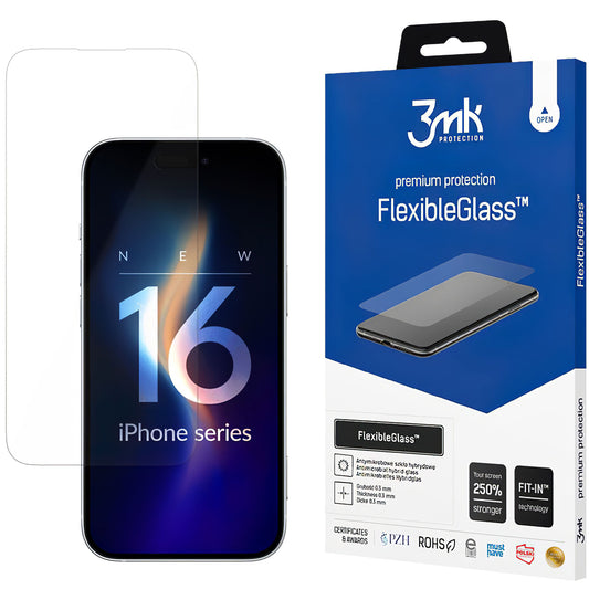 3MK Προστατευτικό οθόνης FlexibleGlass για Apple iPhone 16, Εύκαμπτο γυαλί, Πλήρης κόλληση 