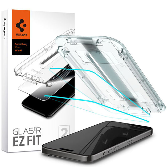Προστατευτική Μεμβράνη Οθόνης Spigen GlastR EZ FIT για Apple iPhone 15 Pro Max, Ενισχυμένο Γυαλί, Πλήρης Κόλληση, Σετ 2 τεμαχίων AGL06872