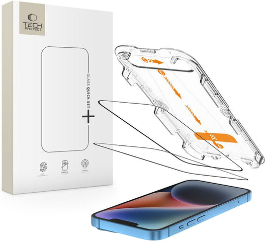 Προστατευτική Μεμβράνη Οθόνης Tech-Protect Quick Set+ για Apple iPhone 17e / 16e / 14 / 13 Pro, Ενισχυμένο Γυαλί, Πλήρης Κόλληση, Σετ 2 τεμαχίων, Μαύρη