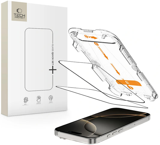 Προστατευτική Μεμβράνη Οθόνης Tech-Protect Quick Set+ για Apple iPhone 16 Pro, Ενισχυμένο Γυαλί, Πλήρης Κόλληση, Σετ 2 τεμαχίων, Μαύρη