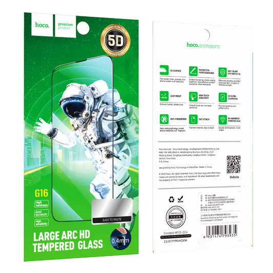 HOCO G16 Screen Protector for Apple iPhone 15 Pro, Tempered Glass, Full Glue, 5D, Black