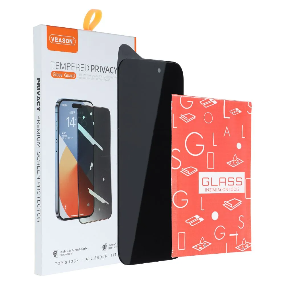 Προστατευτική μεμβράνη οθόνης Privacy Veason για Apple iPhone 17e / 16e / 14 / 13 Pro, Ασφαλισμένο γυαλί, Πλήρης κόλλα, 6D
