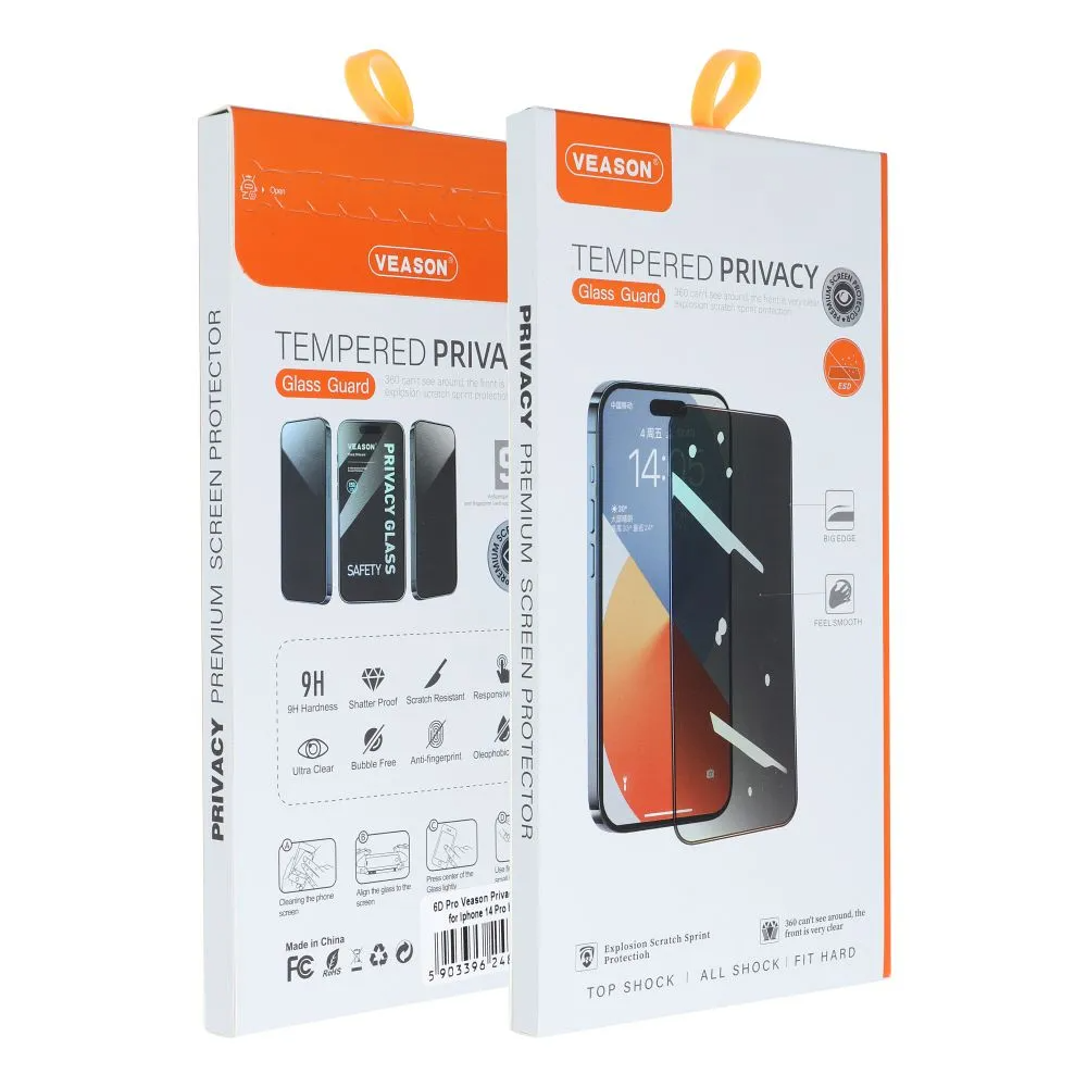 Προστατευτική μεμβράνη οθόνης Privacy Veason για Apple iPhone 17e / 16e / 14 / 13 Pro, Ασφαλισμένο γυαλί, Πλήρης κόλλα, 6D