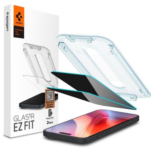 Προστατευτική Μεμβράνη Οθόνης Privacy Spigen GlastR EZ FIT για Apple iPhone 16 / 15, Ενισχυμένο Γυαλί, Πλήρης Κόλληση, Σετ 2 τεμαχίων AGL06905