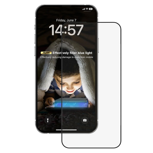 Προστατευτική μεμβράνη οθόνης Anti Blue Light Anank για Apple iPhone 15 Pro Max, Ασφαλισμένο γυαλί, Full Glue, 2.5D, Μαύρο