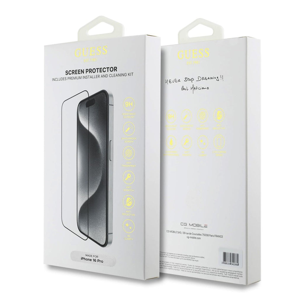 Προστατευτική Μεμβράνη Οθόνης Guess Classic Outline για Apple iPhone 16 Pro Max, Ενισχυμένο Γυαλί, Full Glue, 2.5D, Μαύρη GUTGP16XBOKGCIT