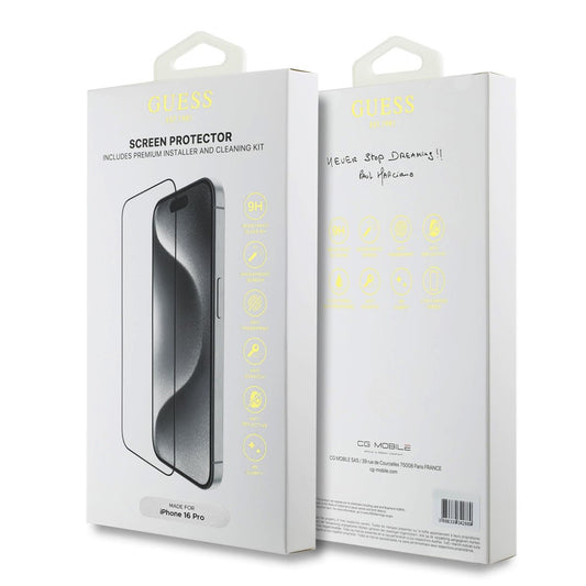 Προστατευτική Μεμβράνη Οθόνης Guess Classic Outline για Apple iPhone 16, Ενισχυμένο Γυαλί, Full Glue, 2.5D, Μαύρη GUTGP16SBOKGCIT