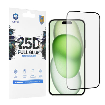 Προστατευτική μεμβράνη οθόνης Lito για Apple iPhone 15 Plus, ασφαλισμένο γυαλί, πλήρης κόλλα, 2.5D, μαύρο