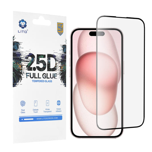 Προστατευτική μεμβράνη οθόνης Lito για Apple iPhone 15, Ασφαλισμένο γυαλί, Full Glue, 2.5D, Μαύρο