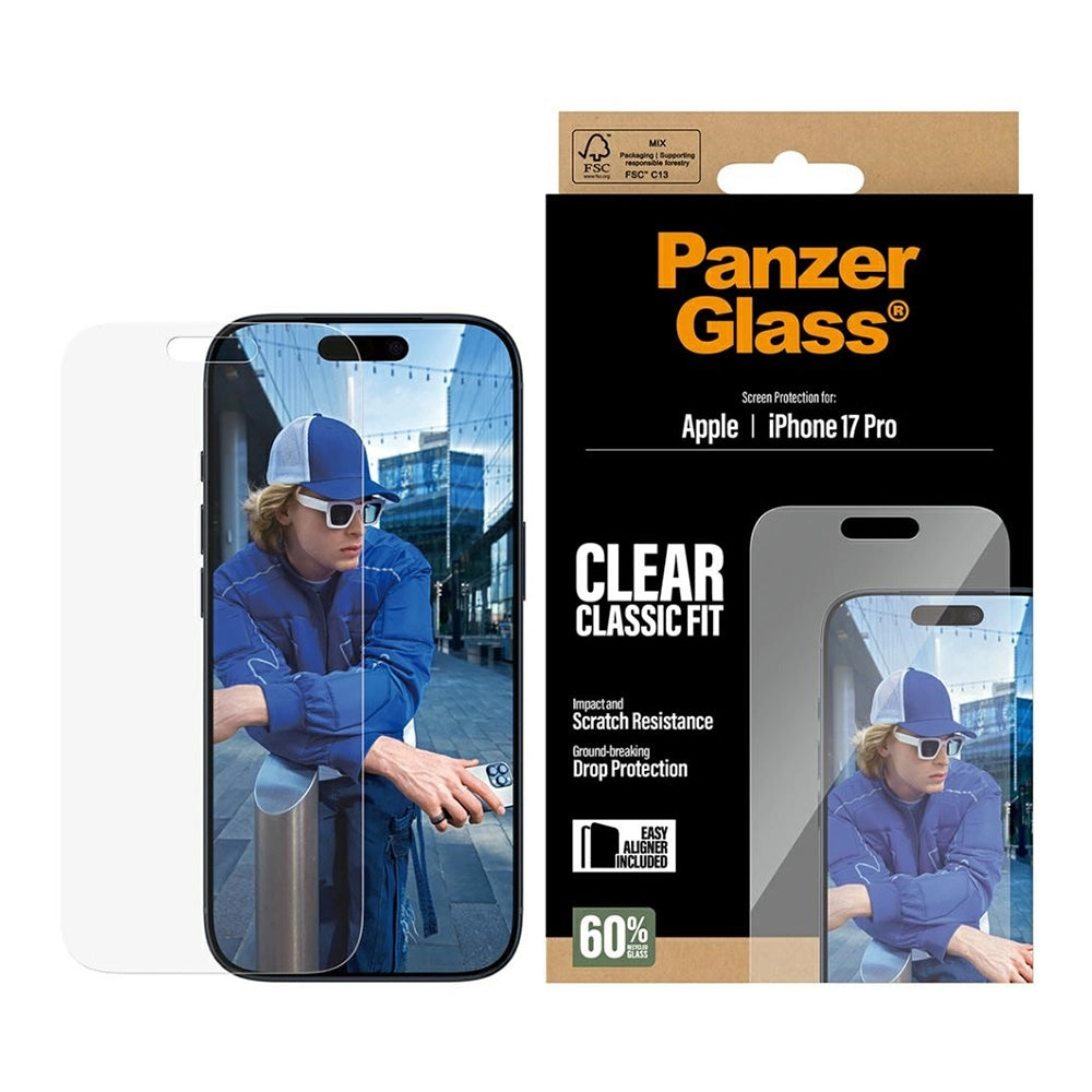 Προστατευτική Μεμβράνη Οθόνης PanzerGlass Classic Fit EasyAligner για Apple iPhone 17 Pro, Ενισχυμένο Γυαλί, Full Glue