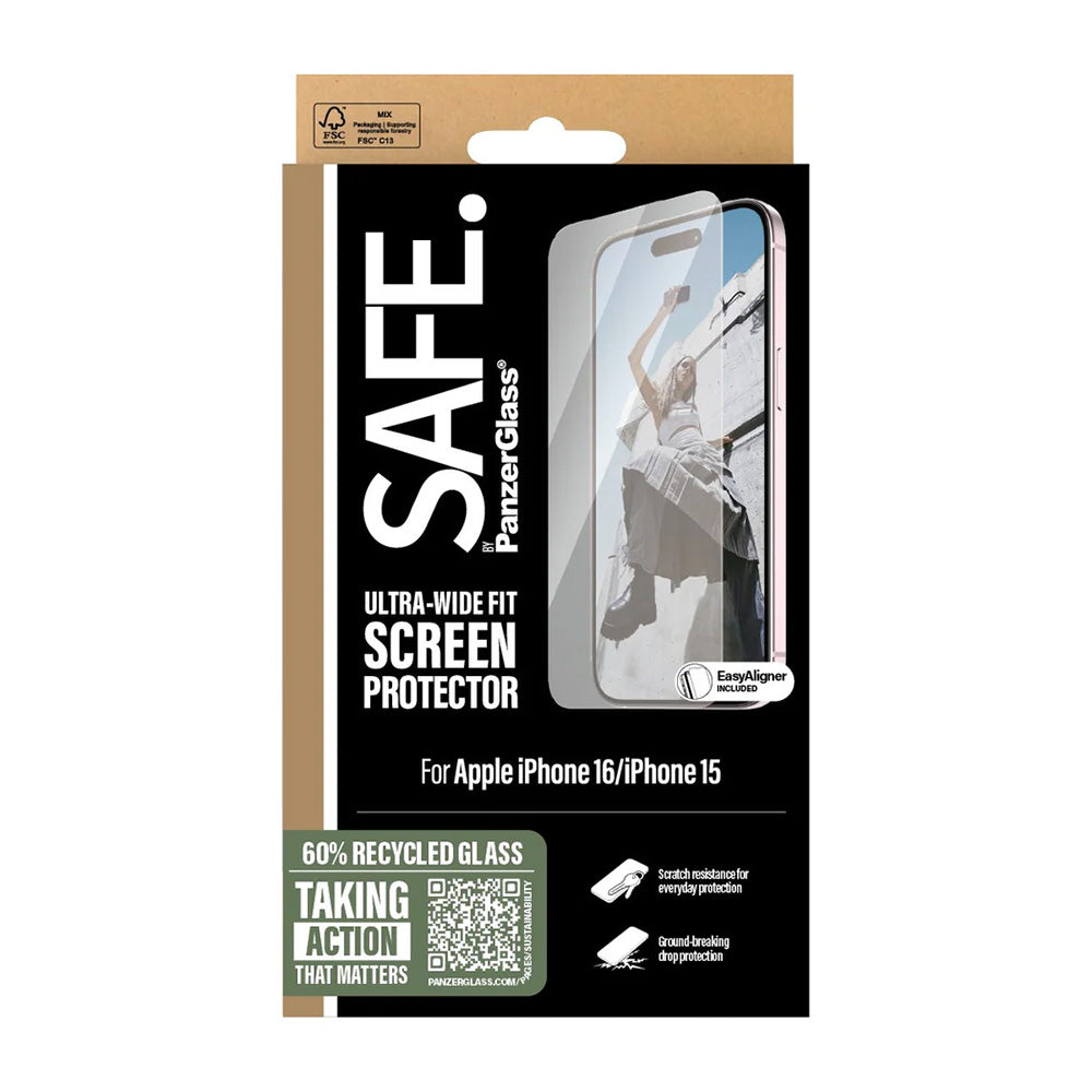 PanzerGlass Safe Screen Protector. Ultra-Wide Fit for Apple iPhone 16 / 15, Tempered Glass, Full Glue