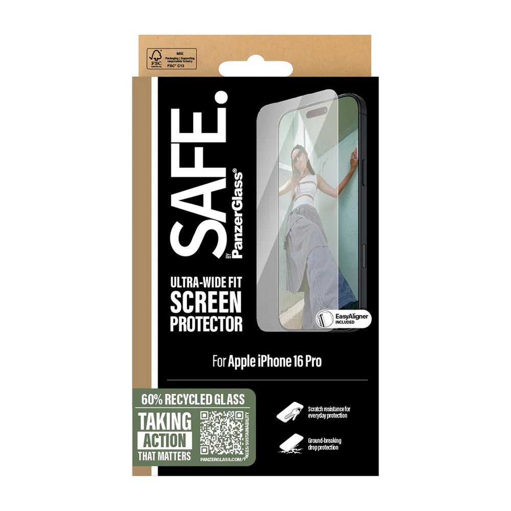 PanzerGlass Safe Screen Protector. Ultra-Wide Fit for Apple iPhone 16 Pro, Tempered Glass, Full Glue