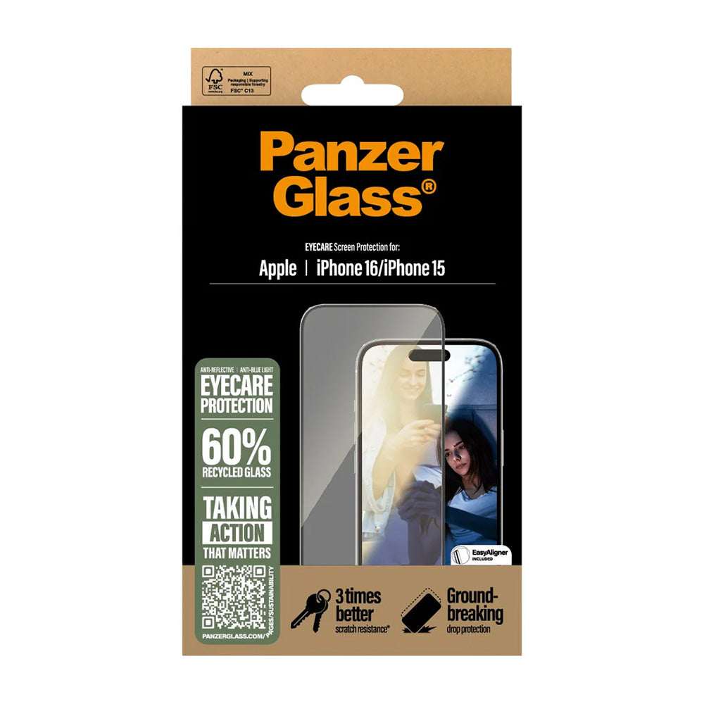 Προστατευτική Μεμβράνη Οθόνης PanzerGlass Ultra-Wide Fit EyeCare για Apple iPhone 16 / 15, Ενισχυμένο Γυαλί, Πλήρης Κόλληση, Μαύρη