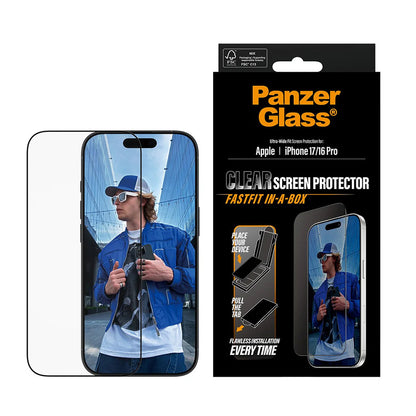 Προστατευτική Μεμβράνη Οθόνης PanzerGlass Ultra-Wide Fit Fastfit για Apple iPhone 17 / 16 Pro, Ενισχυμένο Γυαλί, Πλήρης Κόλληση, Μαύρη