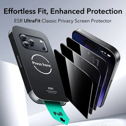 Προστατευτική μεμβράνη οθόνης Privacy ESR UltraFit Classic για Apple iPhone 18 Pro Max, Ασφαλισμένο γυαλί, Πλήρης κόλλα, Σετ 3 τεμαχίων