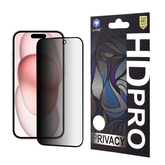 Προστατευτική μεμβράνη οθόνης Privacy Lito HD Pro για Apple iPhone 15, ασφαλισμένο γυαλί, πλήρης κόλλα