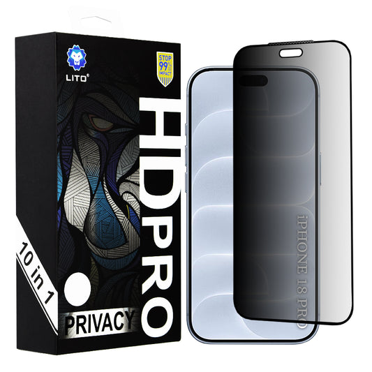 Προστατευτικό οθόνης Privacy Lito HD Pro για Apple iPhone 18 Pro, Σκληρυμένο Γυαλί, Full Glue, Σετ 10 τεμαχίων