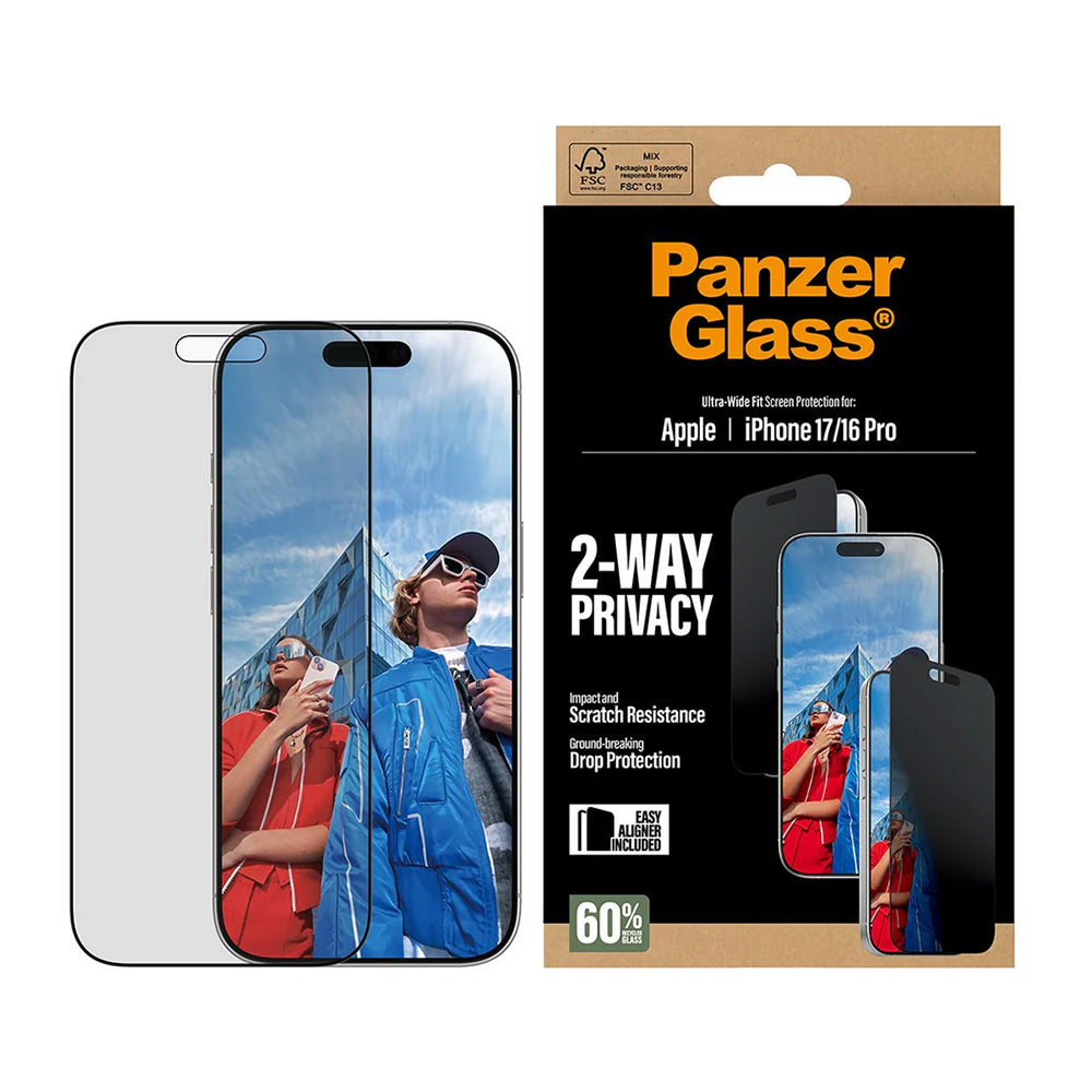 Προστατευτικό Φιλμ Οθόνης Privacy PanzerGlass Ultra-Wide Fit 2-Way EasyAligner για Apple iPhone 17 / 16 Pro, Ενισχυμένο Γυαλί, Full Glue
