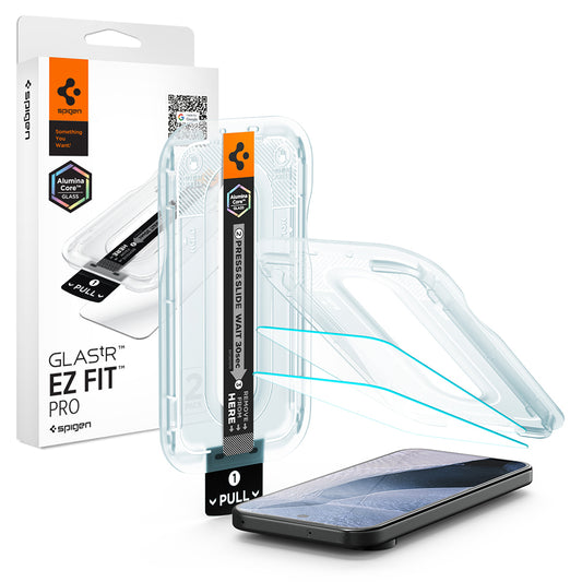 Προστατευτική μεμβράνη οθόνης Spigen GlastR EZ FIT Pro για Google Pixel 11 Pro / 11, Ασφαλισμένο γυαλί, Πλήρης κόλλα, Σετ 2 τεμαχίων AGL11480