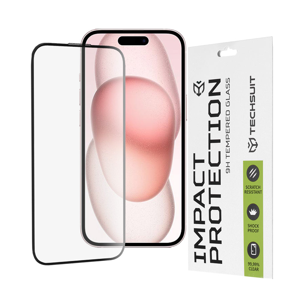 Προστατευτική μεμβράνη οθόνης Techsuit για Apple iPhone 16 / 15, Ασφαλισμένο γυαλί, Full Glue, 111D, Μαύρο
