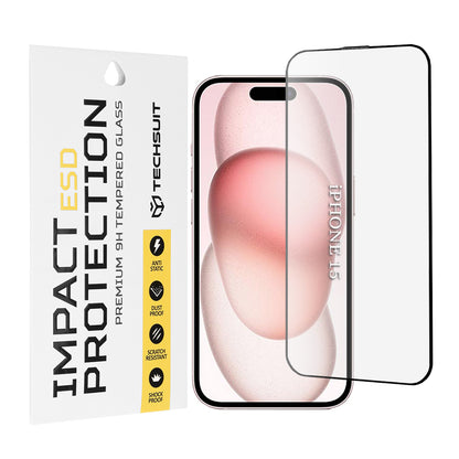 Προστατευτική μεμβράνη οθόνης Techsuit για Apple iPhone 16 / 15, Ασφαλισμένο γυαλί, Πλήρης κόλλα, Μαύρο